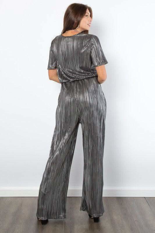 Be Stage Surplice Short Sleeve Pleated Foil Jumpsuit - SwagglyLife Home & Fashion